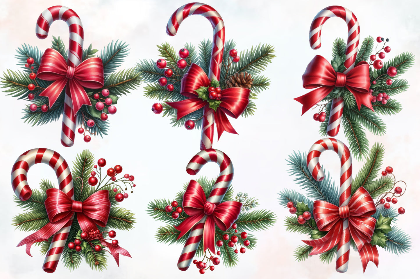 Christmas Candy Cane with Bow PNG Bundle | Watercolor Candy Cane Christmas Clipart | Holiday Sublimation
