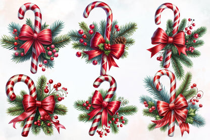 Christmas Candy Cane with Bow PNG Bundle | Watercolor Candy Cane Christmas Clipart | Holiday Sublimation