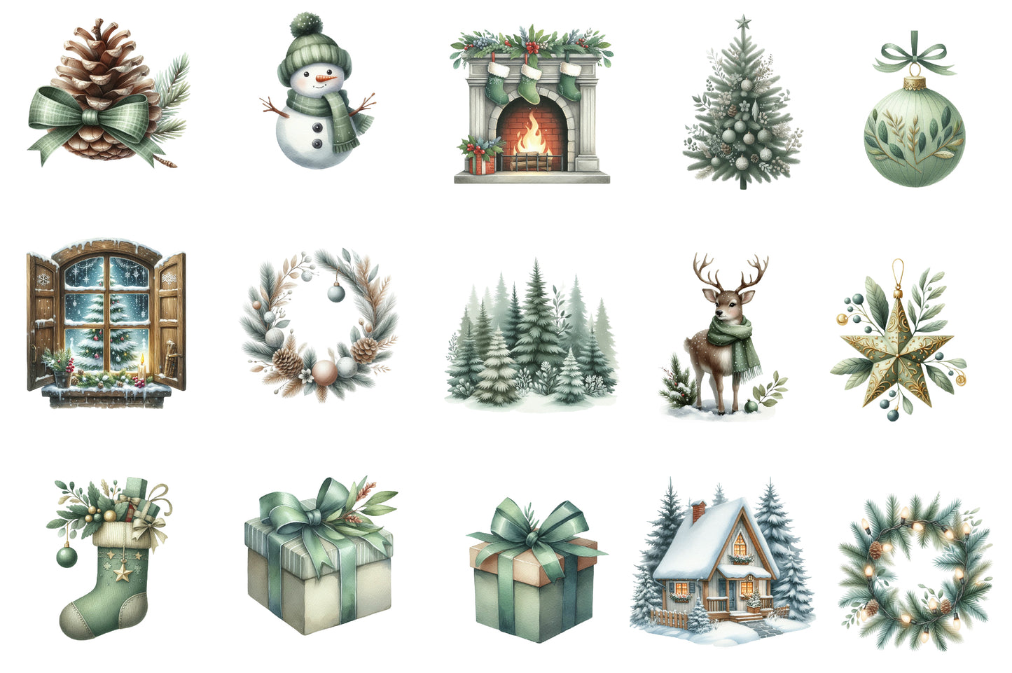 Neutral Christmas Clipart PNG Bundle | Green Christmas Watercolor Clipart | Rustic Winter Holiday Sublimation PNG