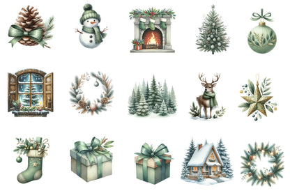 Neutral Christmas Clipart PNG Bundle | Green Christmas Watercolor Clipart | Rustic Winter Holiday Sublimation PNG
