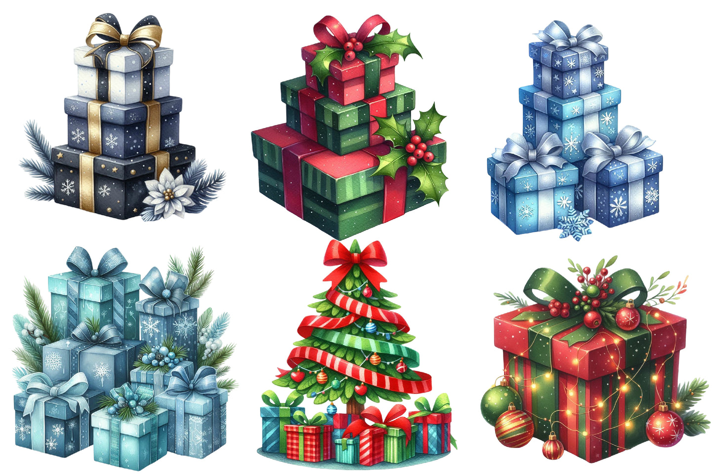 Christmas Gifts Clipart PNG Bundle | Watercolor Festive Christmas Present Clipart | Holiday Gift Sublimation PNG