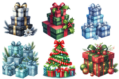 Christmas Gifts Clipart PNG Bundle | Watercolor Festive Christmas Present Clipart | Holiday Gift Sublimation PNG