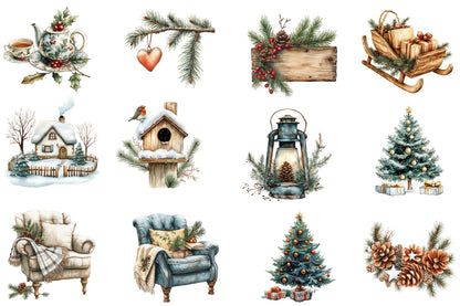 Rustic Christmas Watercolor Clipart PNG Bundle | Cozy Rustic Christmas Clipart | Rustic Christmas Sublimation PNG