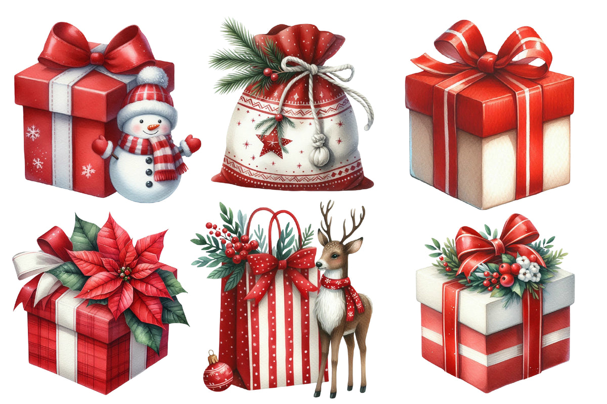 Christmas Presents & Wrapping Clipart PNG Bundle | Watercolor Christmas Gifts & Wrapping Clipart | Holiday Gift Sublimation PNG