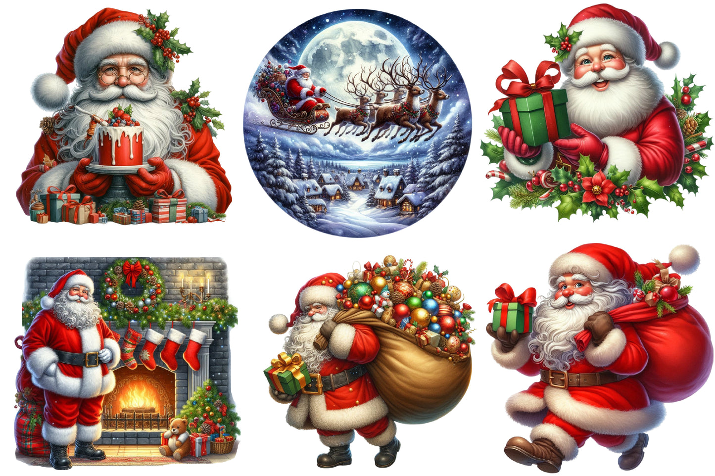Watercolor Winter Christmas Santa Clipart PNG Bundle | Cute Santa Claus Holiday & Fireplace Designs