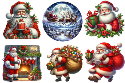 Watercolor Winter Christmas Santa Clipart PNG Bundle | Cute Santa Claus Holiday & Fireplace Designs