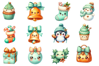 Kawaii Christmas Watercolor Clipart PNG Bundle | Cute Kawaii Holiday Clipart | Cute Christmas Sublimation PNG