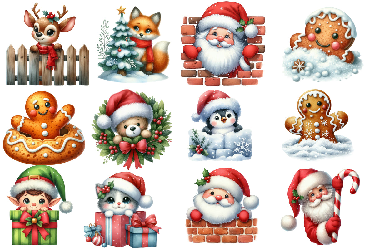 Christmas Peeking Clipart PNG Bundle | Watercolor Cute Peeking Christmas Characters | Holiday Sublimation PNG