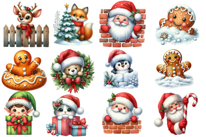 Christmas Peeking Clipart PNG Bundle | Watercolor Cute Peeking Christmas Characters | Holiday Sublimation PNG