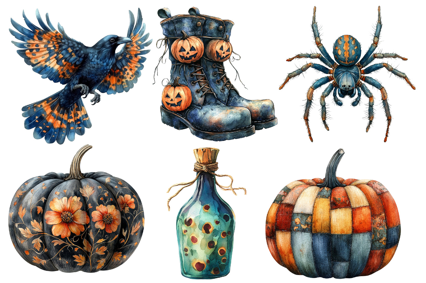 Whimsy Halloween Clipart PNG Bundle | Cute Witch, Ghost, Pumpkin, Cat, Bat & Haunted House | Spooky Watercolor PNG