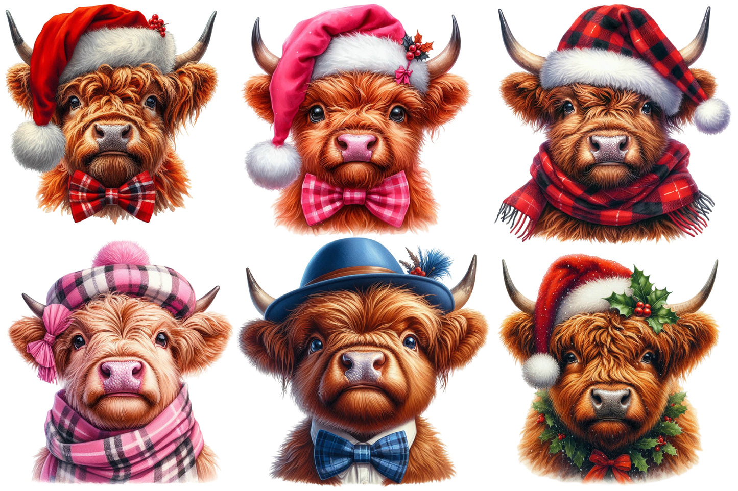Watercolor Christmas Highland Cow Clipart PNG Bundle | Festive Highland Cattle Holiday Designs