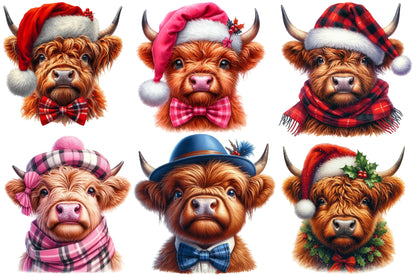 Watercolor Christmas Highland Cow Clipart PNG Bundle | Festive Highland Cattle Holiday Designs