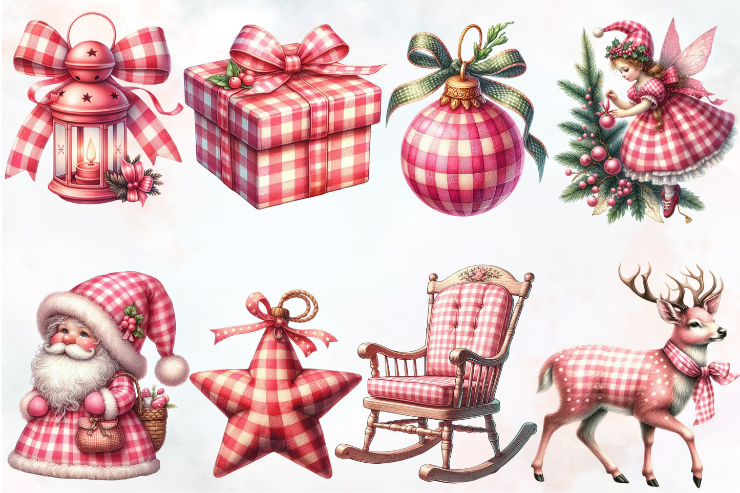 44 Watercolor Christmas Pink Gingham PNG Bundle Santa Deer Bow Clipart