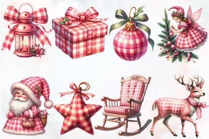 44 Watercolor Christmas Pink Gingham PNG Bundle Santa Deer Bow Clipart