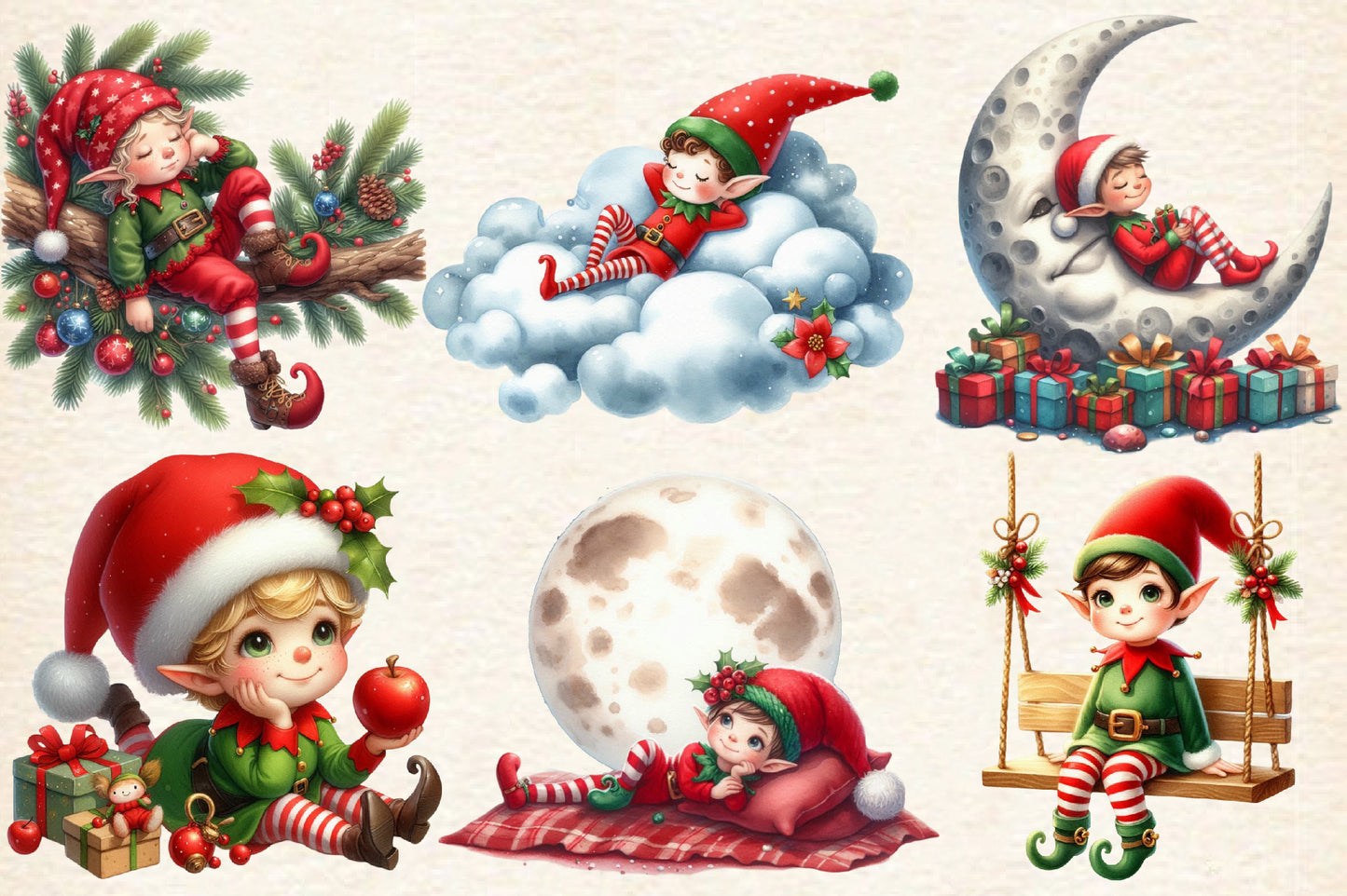 23 Watercolor Christmas Elf PNG Clipart Cute Holiday Bundle
