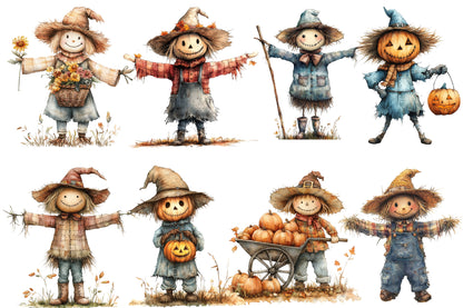Autumn Scarecrow Watercolor Clipart PNG Bundle | Fall Scarecrow Clipart | Rustic Autumn Sublimation PNG