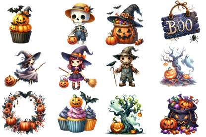 Vintage Halloween Clipart Bundle PNG | Retro Pumpkin, Witch, Ghost, Black Cat, Bat & Haunted House | Spooky Sublimation