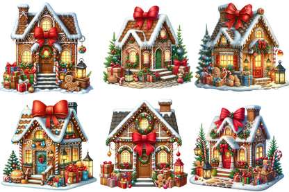 Watercolor Christmas Gingerbread House Clipart PNG Bundle | Gingerbread Village & Holiday Houses