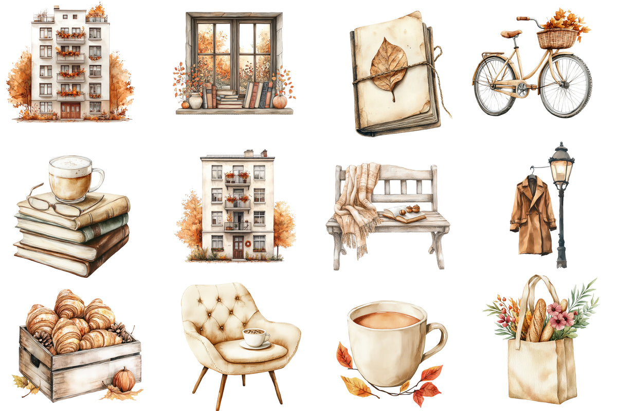 Fall In City Watercolor Clipart PNG Bundle | Cozy Autumn City Clipart | Fall Sublimation