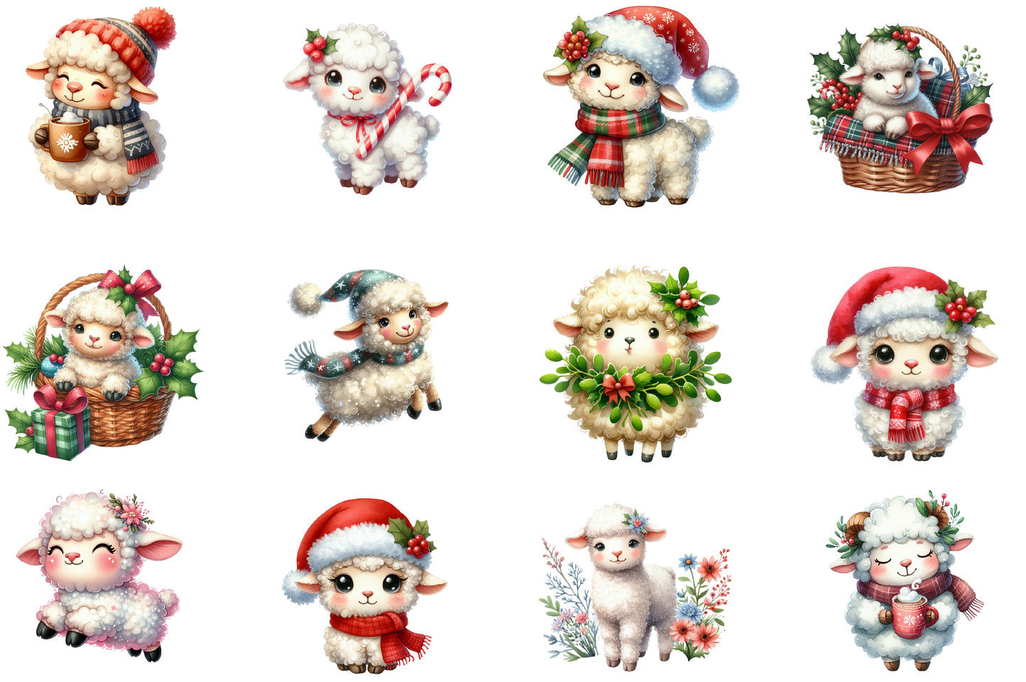 Christmas Lamb Farm Clipart PNG Bundle | Watercolor Cute Christmas Lamb Farm Clipart | Rustic Holiday Farm Sublimation PNG