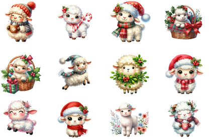 Christmas Lamb Farm Clipart PNG Bundle | Watercolor Cute Christmas Lamb Farm Clipart | Rustic Holiday Farm Sublimation PNG