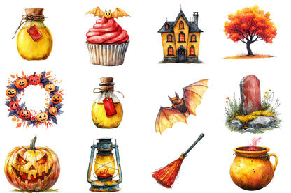 Watercolor Halloween Sublimation Clipart PNG Bundle | Spooky Pumpkin, Ghost, Witch, Bat & Cat Designs PNG