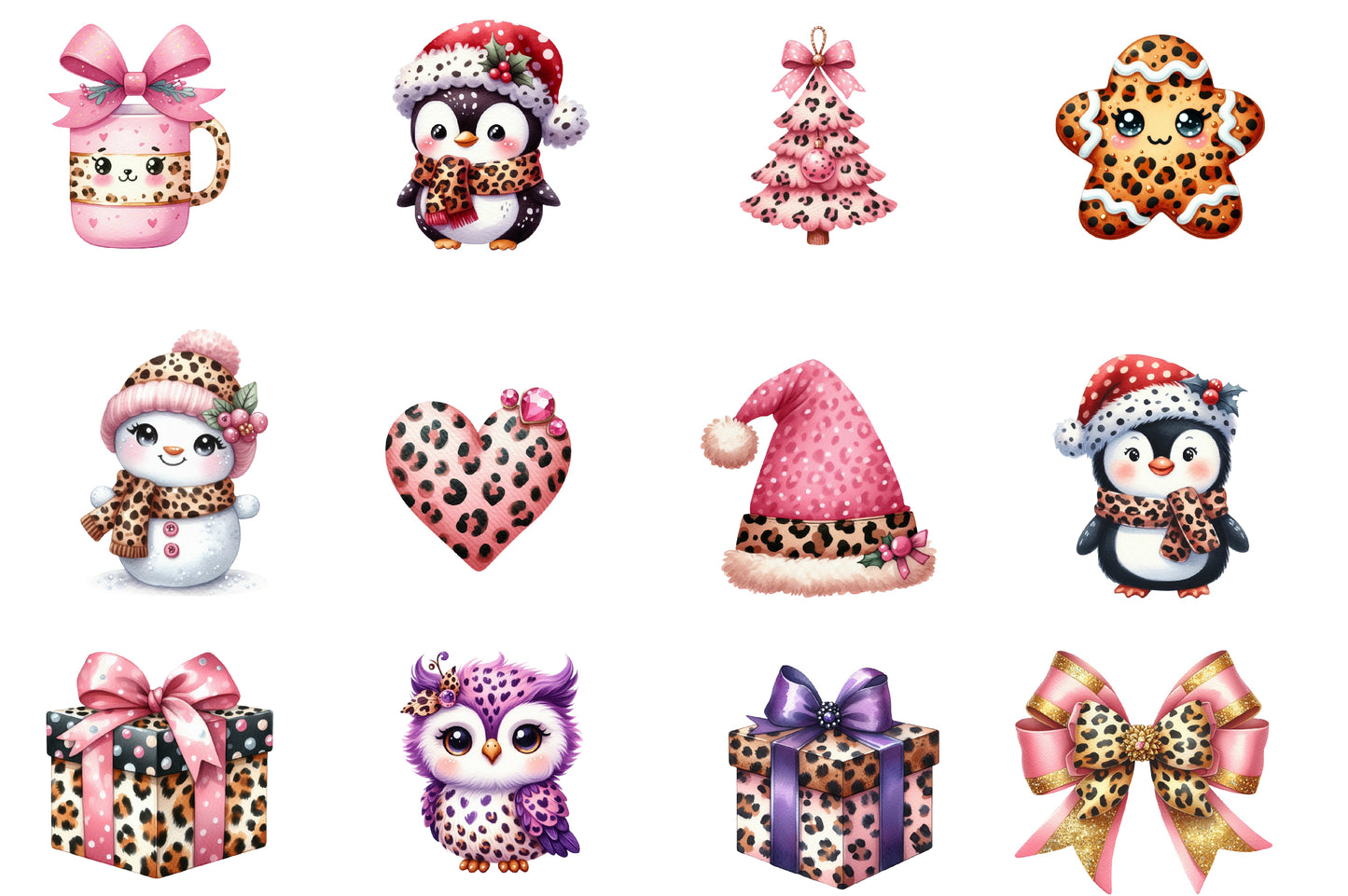 Kawaii Pink Leopard Christmas Watercolor Clipart PNG Bundle | Cute Animal Print Holiday Clipart | Pink Christmas Sublimation PNG