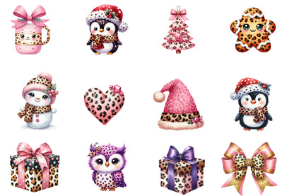 Kawaii Pink Leopard Christmas Watercolor Clipart PNG Bundle | Cute Animal Print Holiday Clipart | Pink Christmas Sublimation PNG