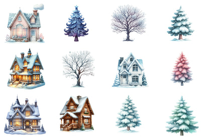 Winter Christmas Clipart PNG Bundle | Snowy Winter Watercolor Clipart | Cozy Christmas PNG