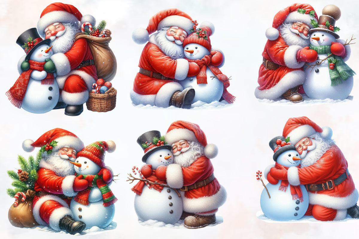 Santa Claus with Snowman PNG Christmas Watercolor Clipart