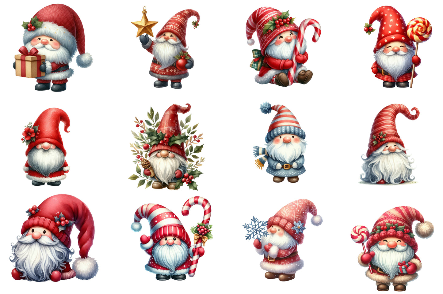 Christmas Gnome Clipart PNG Bundle | Watercolor Christmas Gnomes, Santa Hats, Candy Canes, Gifts & Winter Holiday Clipart