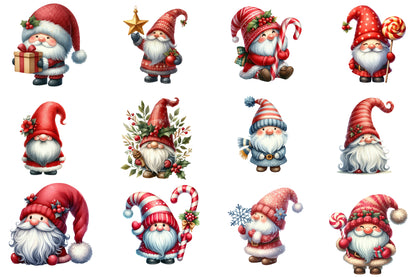 Christmas Gnome Clipart PNG Bundle | Watercolor Christmas Gnomes, Santa Hats, Candy Canes, Gifts & Winter Holiday Clipart