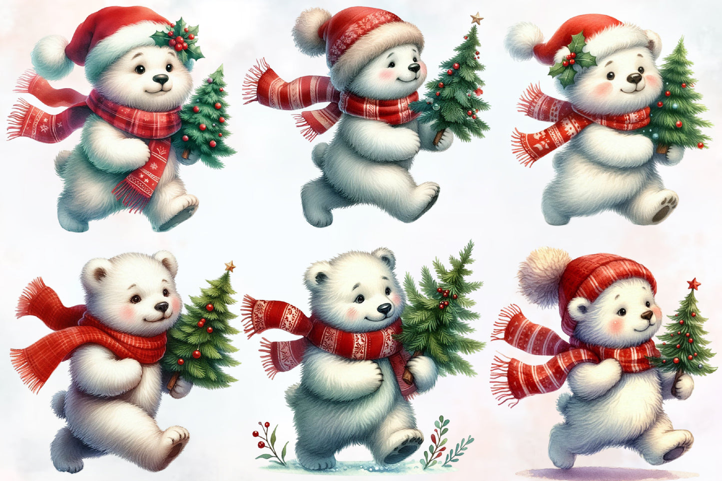 Watercolor Christmas Polar Bear Clipart PNG Bundle | Cute Polar Bear Christmas Tree