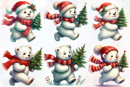 Watercolor Christmas Polar Bear Clipart PNG Bundle | Cute Polar Bear Christmas Tree
