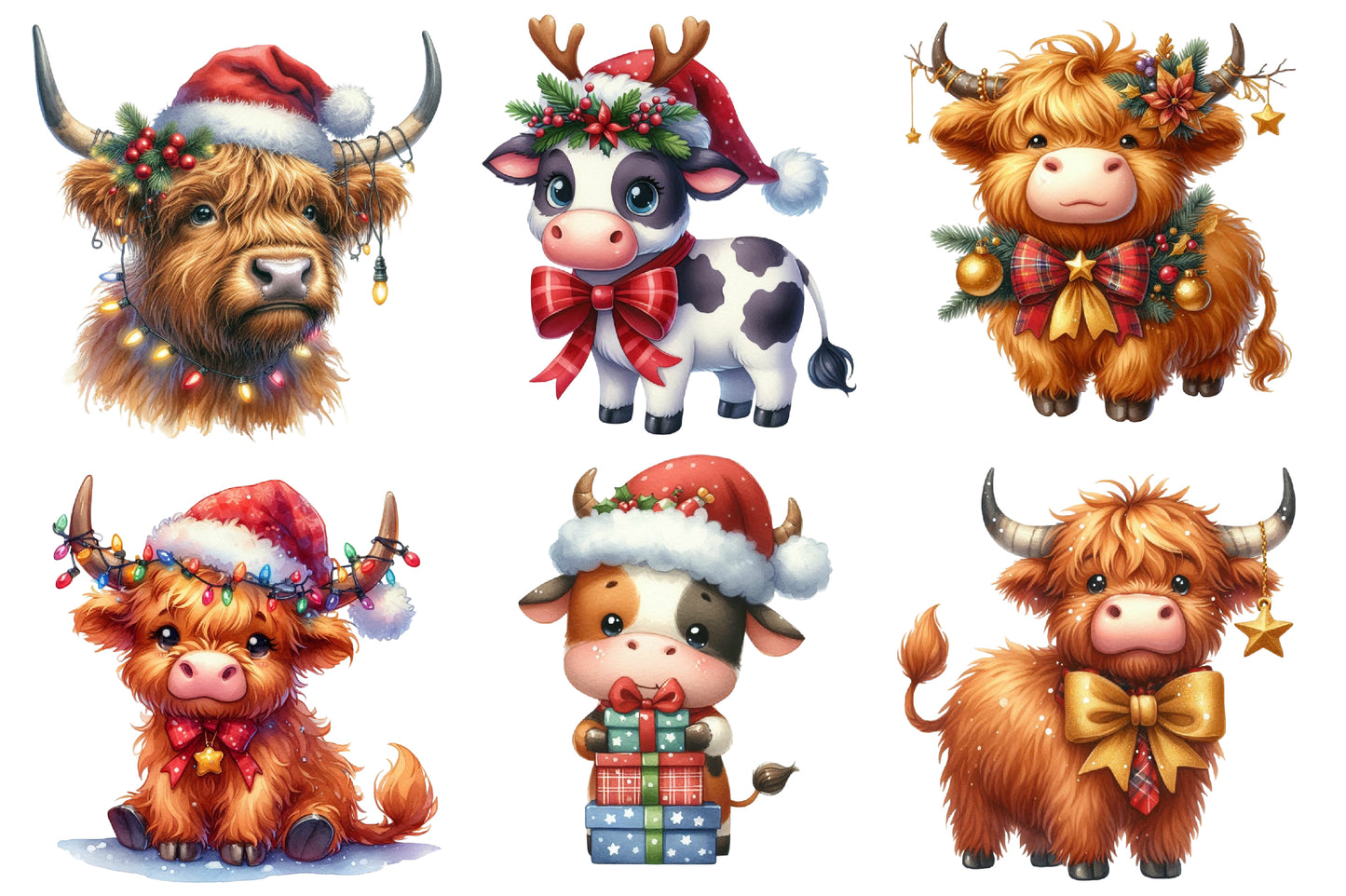 Christmas Highland Cow Clipart Bundle PNG | Watercolor Cute Highland Cow Christmas Clipart | Farmhouse Holiday Sublimation PNG