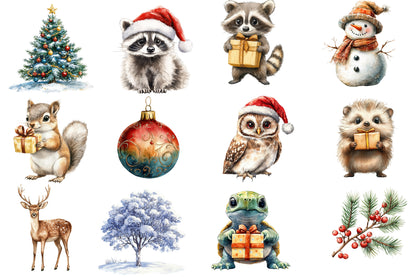 Christmas Woodland Clipart PNG Bundle | Rustic Cabins, Christmas Tree, Woodland Animals, Snowy Trees & Holiday Decor