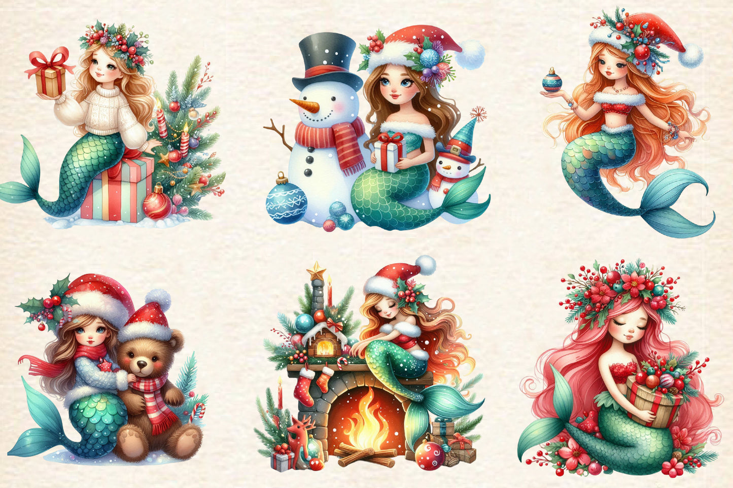Christmas Mermaid PNG Bundle | Watercolor Christmas Mermaid, Holiday Mermaid & Winter Mermaid Sublimation Clipart