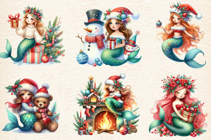 Christmas Mermaid PNG Bundle | Watercolor Christmas Mermaid, Holiday Mermaid & Winter Mermaid Sublimation Clipart