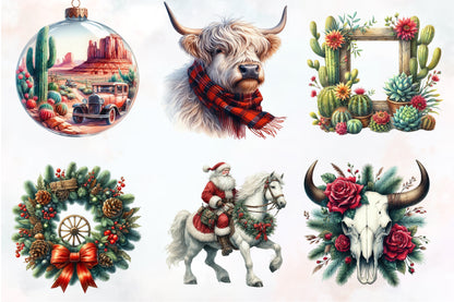 21 Christmas Western Sublimation PNG Clipart Bundle Cowboy Santa