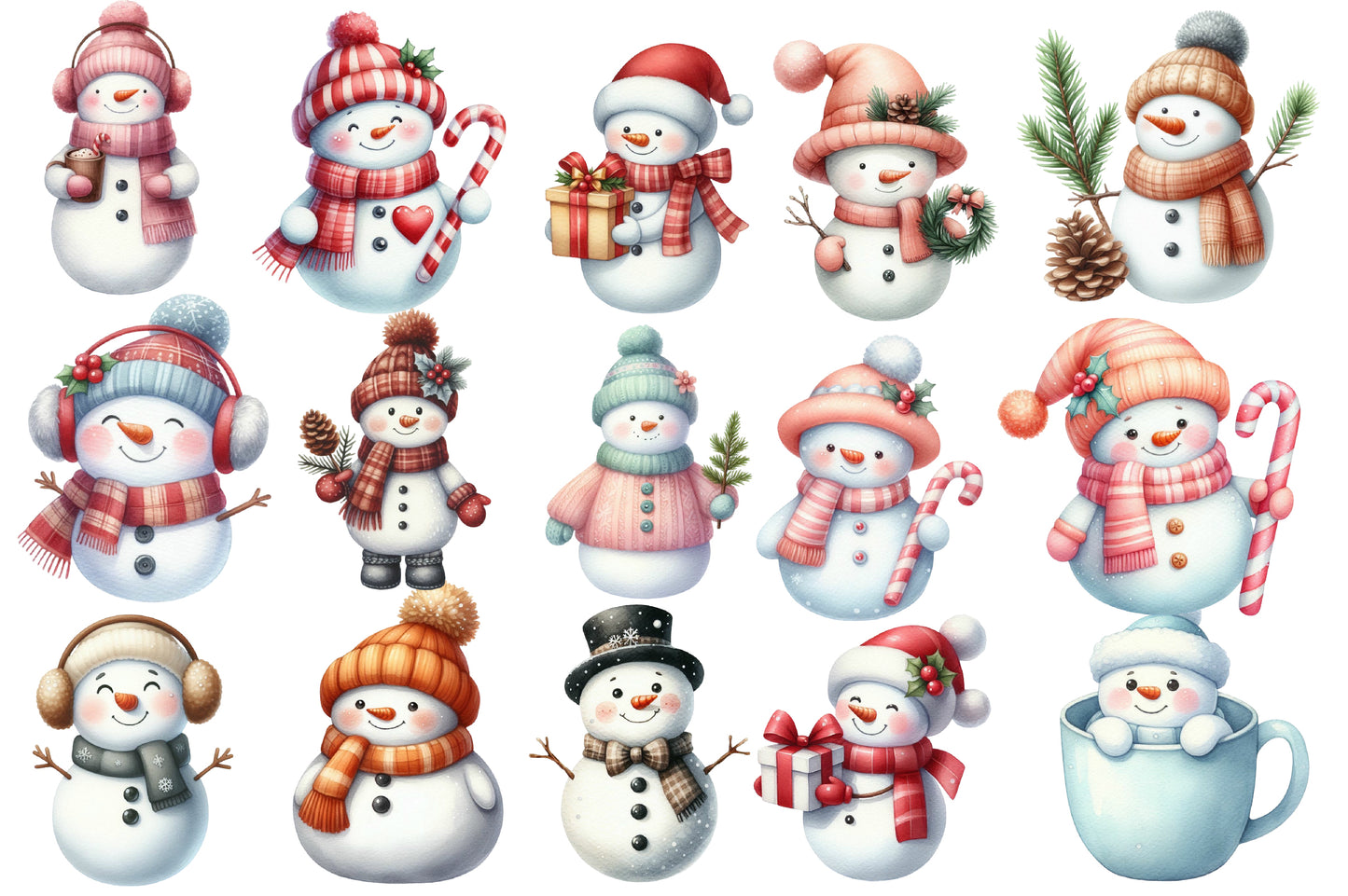 Adorable Snowman Clipart PNG Bundle | Cute Watercolor Christmas Snowman Clipart | Festive Winter Snowman PNG