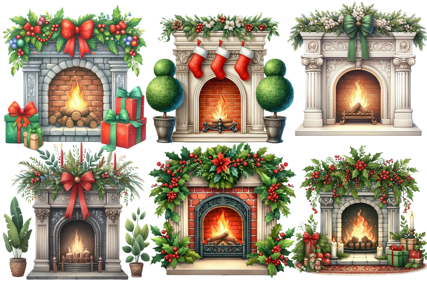 Christmas Fireplace Clipart PNG Bundle | Watercolor Cozy Christmas Fireplace Clipart | Holiday Fireplace Sublimation PNG
