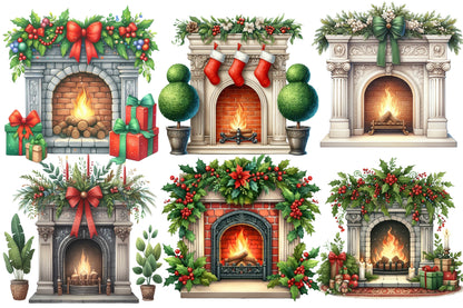 Christmas Fireplace Clipart PNG Bundle | Watercolor Cozy Christmas Fireplace Clipart | Holiday Fireplace Sublimation PNG