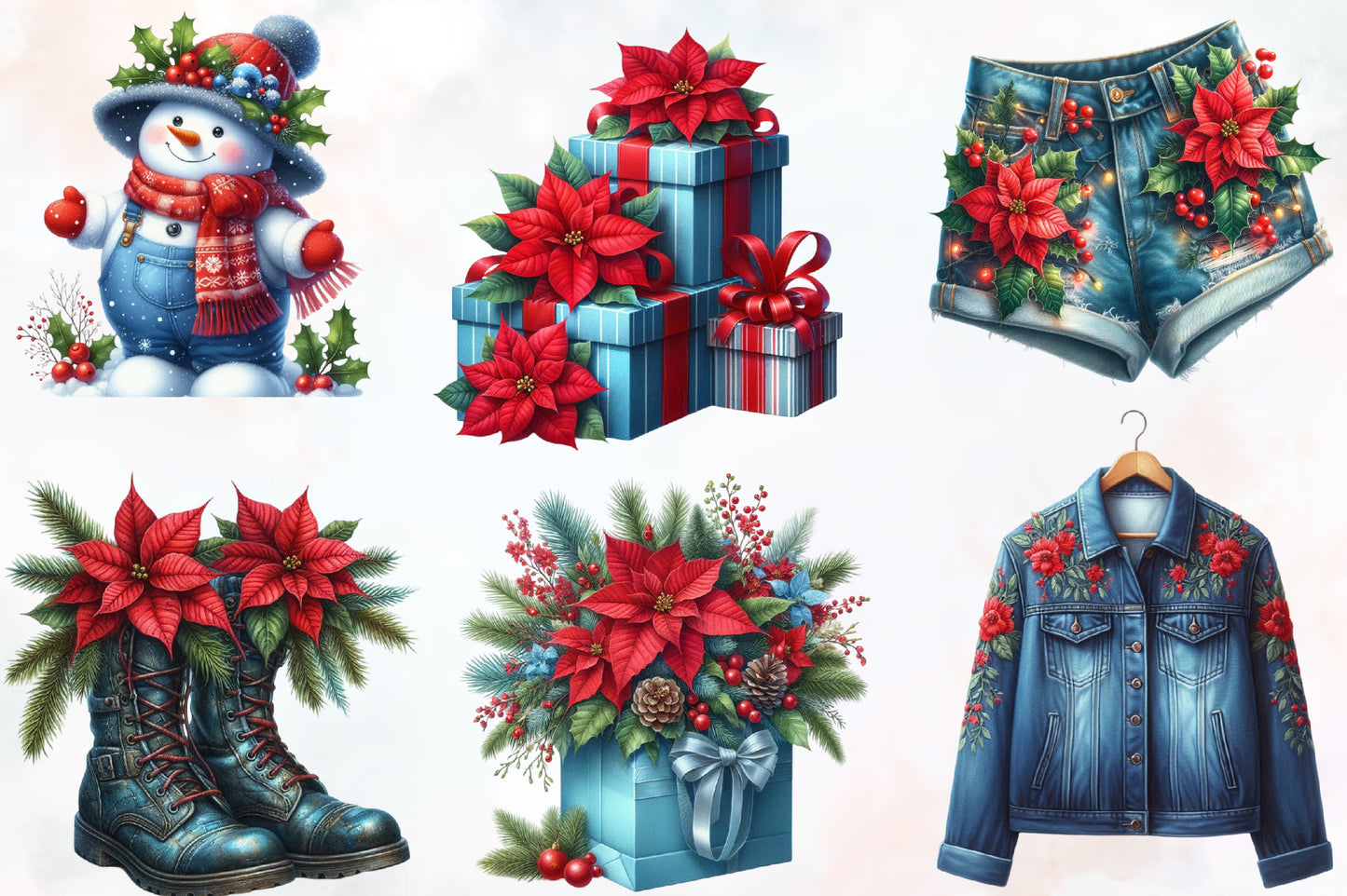 Christmas Blue Jeans PNG Clipart Bundle | Watercolor Denim Christmas, Poinsettia Jeans, Boots, Bells & Holiday Designs
