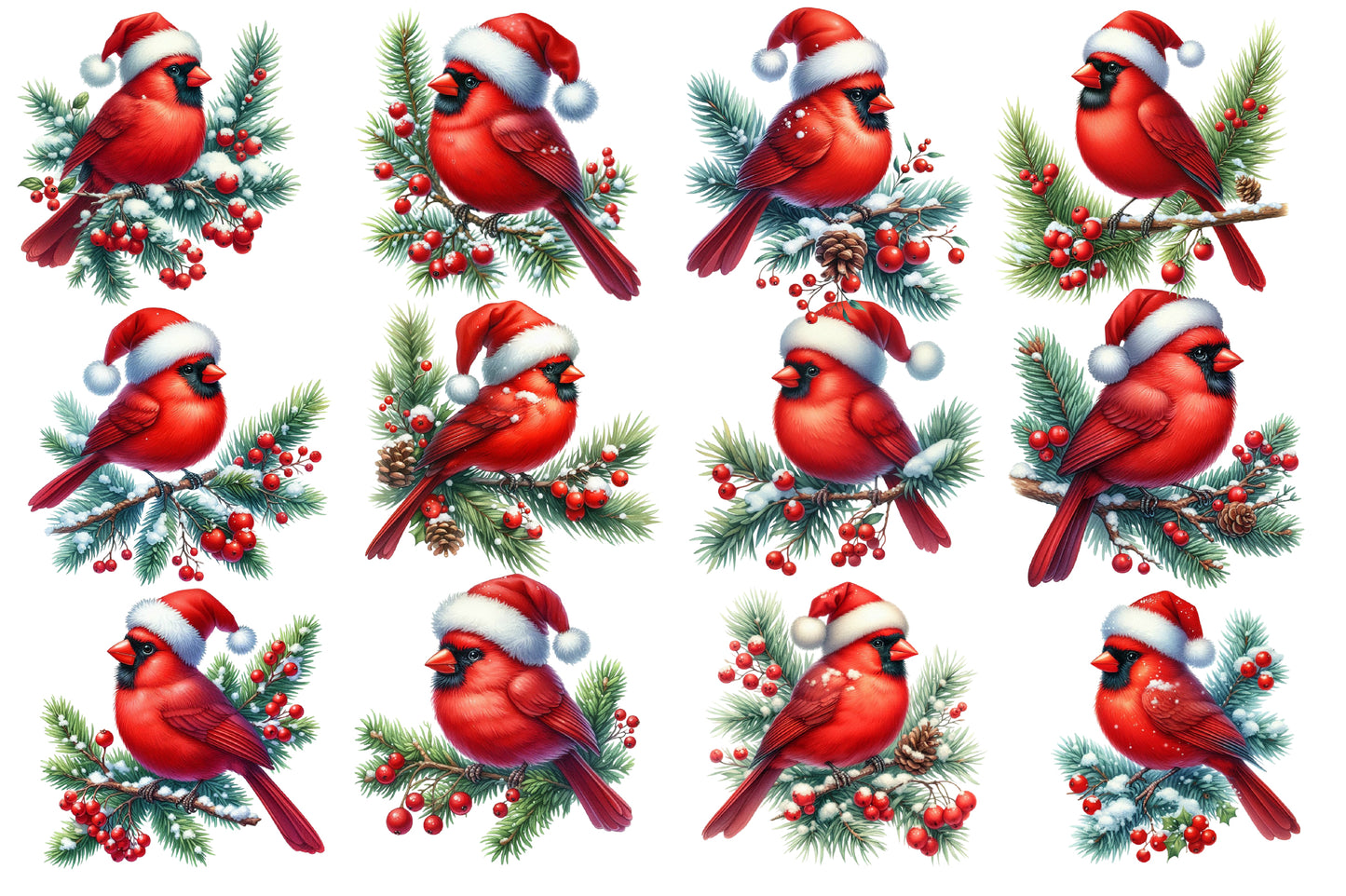 Watercolor Christmas Red Cardinal Bird Clipart PNG Bundle | Holiday Cardinal Bird