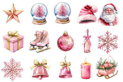 Pink Christmas Watercolor Clipart PNG Bundle | Holiday Christmas Pink Clipart | Cute Winter Christmas Sublimation PNG
