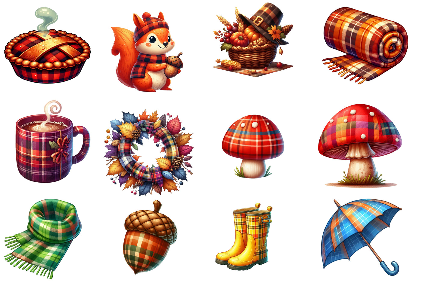 Watercolor Plaid Autumn Clipart PNG Bundle | Fall Plaid Pumpkin, Buffalo Check, Cozy Autumn & Farmhouse Clipart