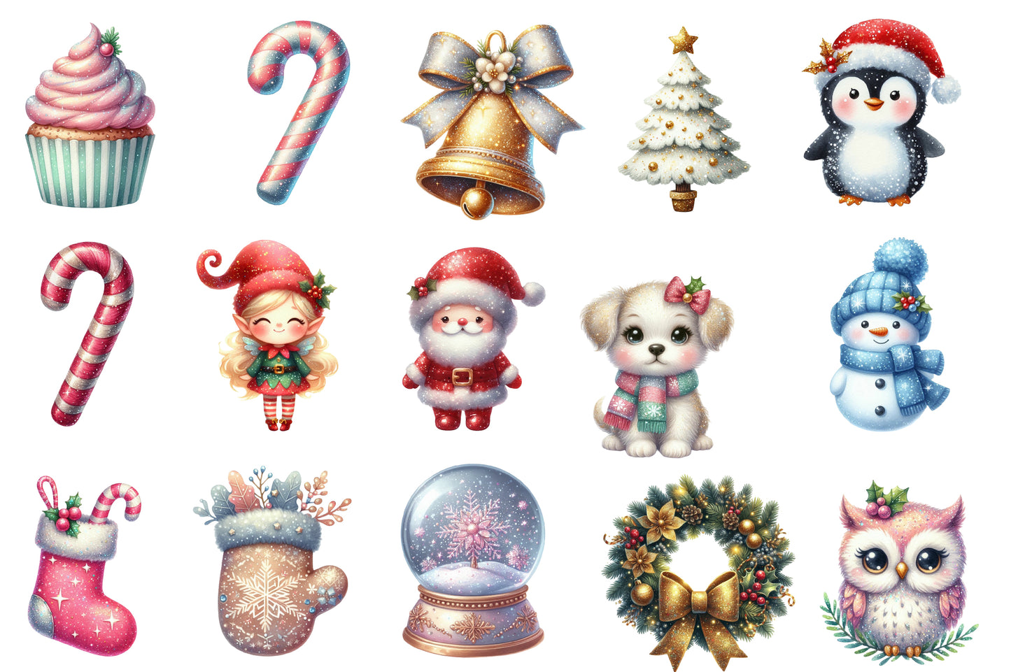 Glitter Cute Christmas Watercolor Clipart PNG Bundle | Cute Christmas PNG | Glitter Christmas Sublimation