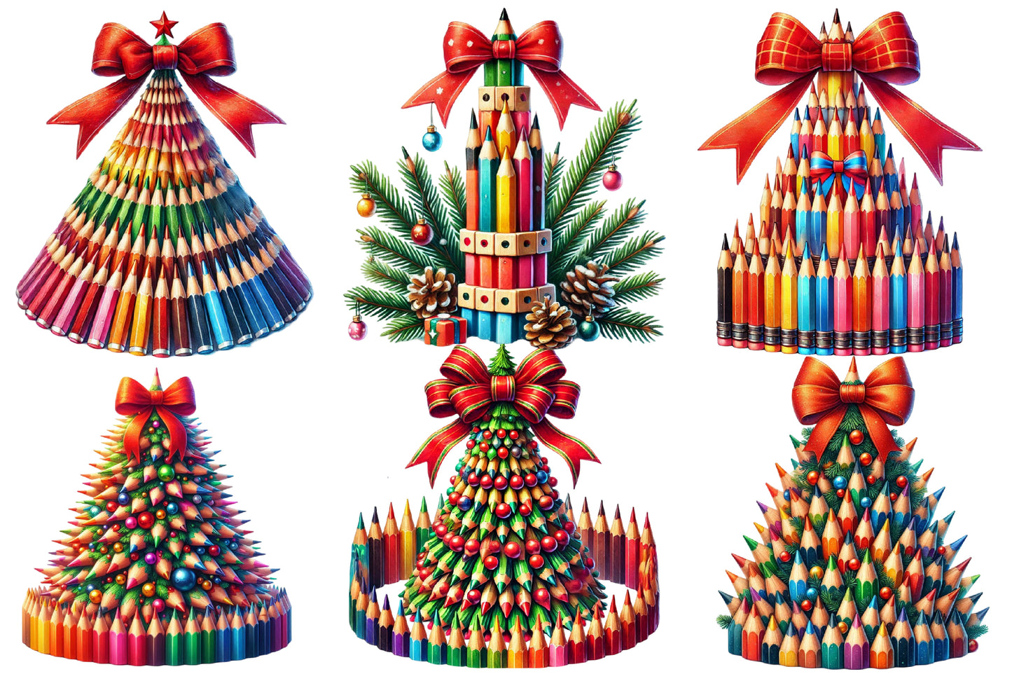 Watercolor Christmas Pencil Tree Clipart PNG Bundle | Colorful Pencil Christmas Trees