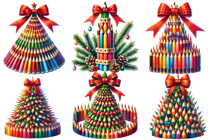 Watercolor Christmas Pencil Tree Clipart PNG Bundle | Colorful Pencil Christmas Trees