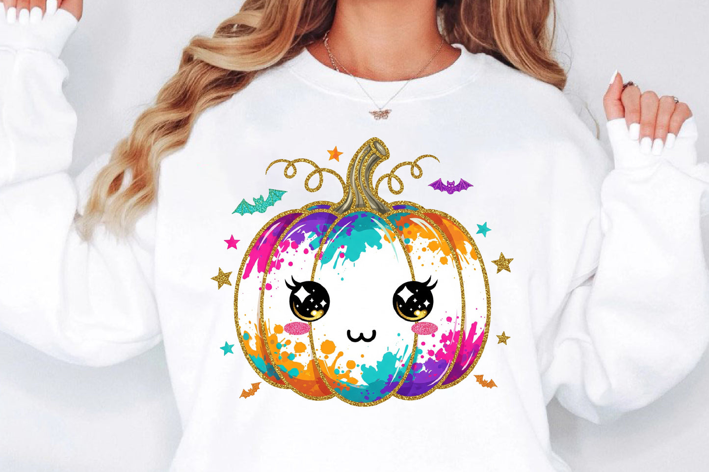 Colorful Halloween Pumpkin Kawaii Splatter PNG Sublimation Design